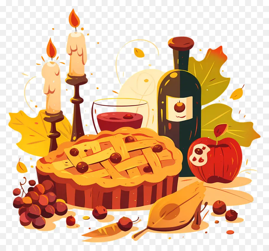 Comida De Acción De Gracias，Pastel De Otoño Y Vino PNG