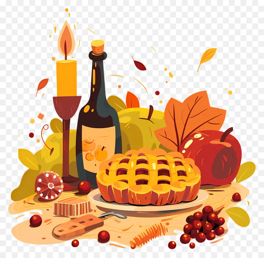 Comida De Acción De Gracias，Pastel De Otoño Y Vino PNG