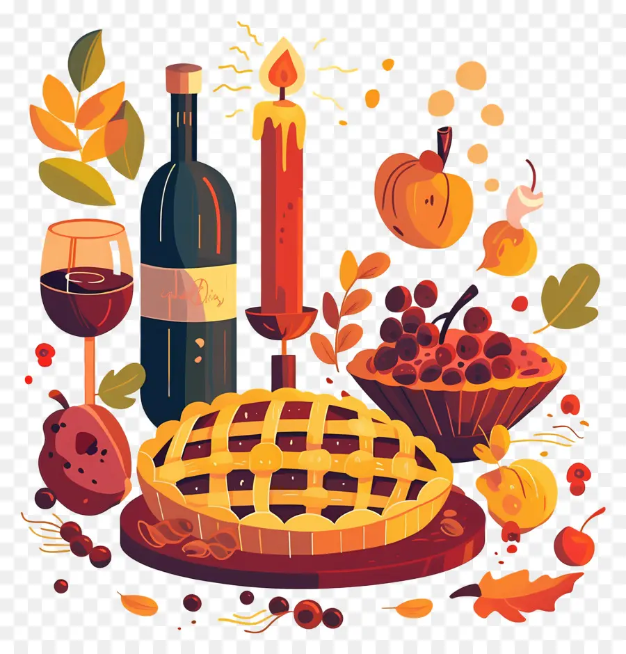 Comida De Acción De Gracias，Pastel Y Vino PNG