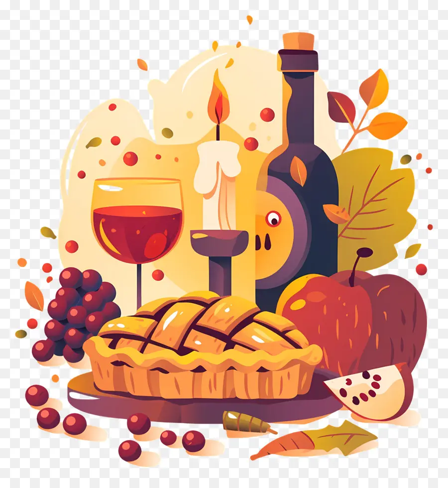 Comida De Acción De Gracias，Pastel De Otoño Y Vino PNG