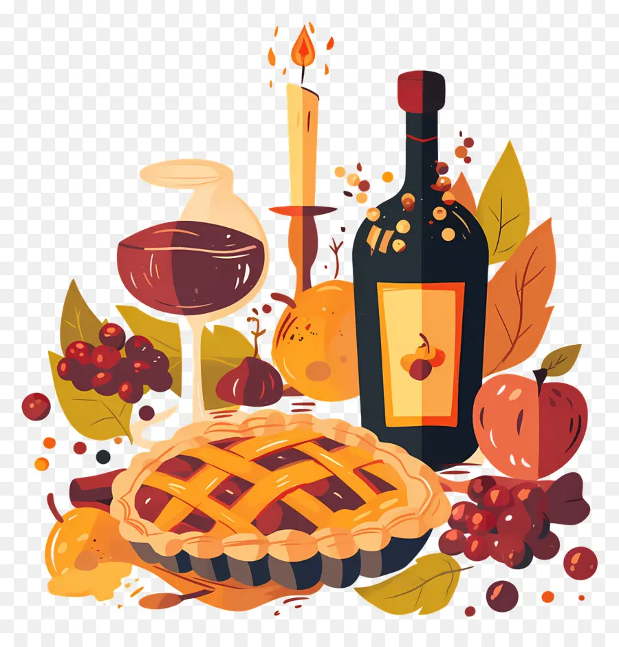 Comida De Acción De Gracias，Pastel Y Vino PNG