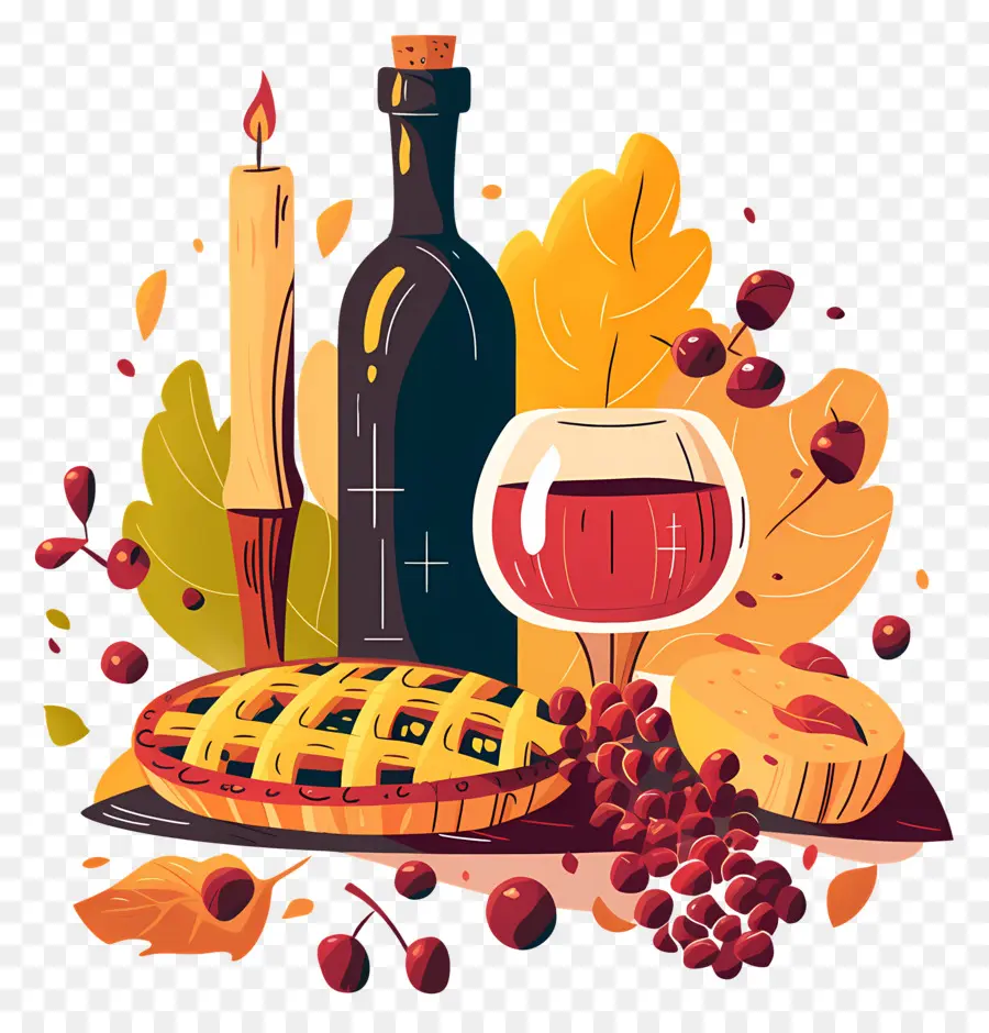 Comida De Acción De Gracias，Pastel Y Vino PNG