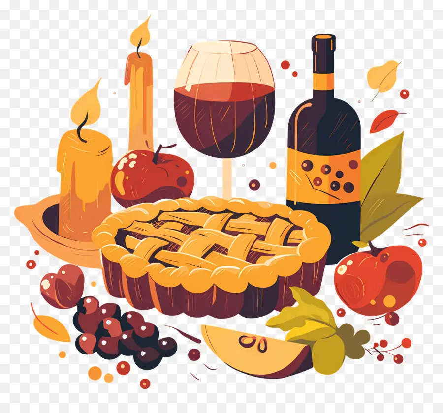 Comida De Acción De Gracias，Pastel De Otoño Y Vino PNG