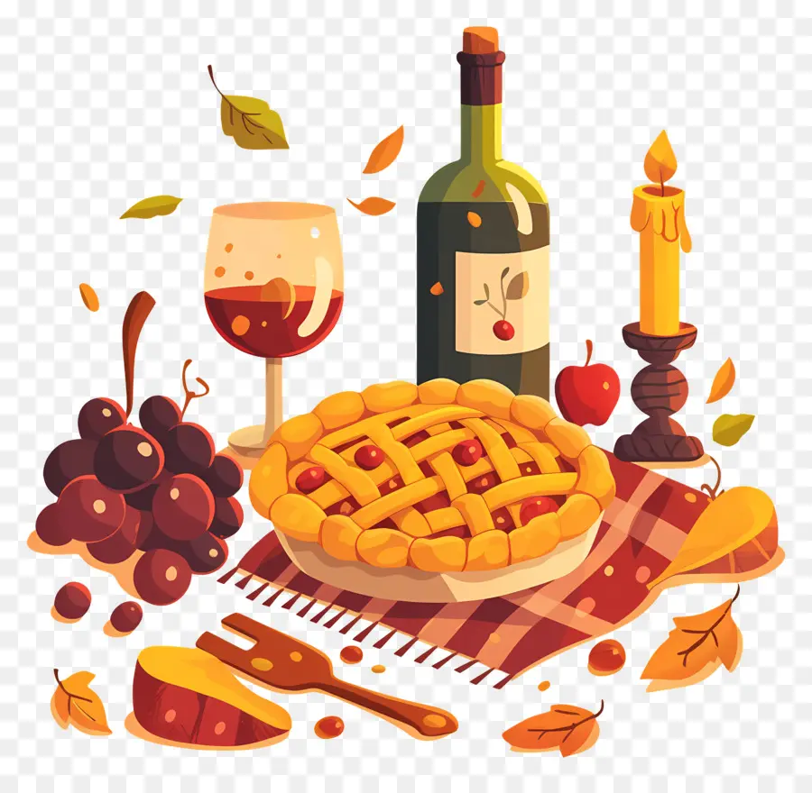 Comida De Acción De Gracias，Pastel De Otoño Y Vino PNG