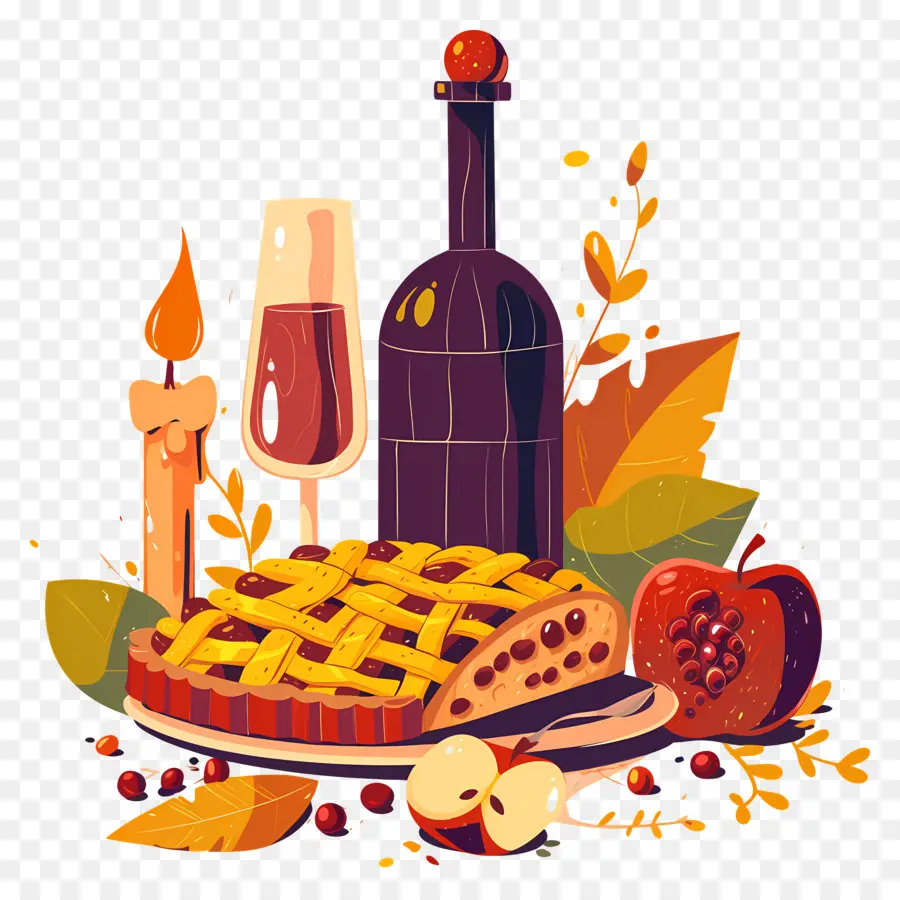 Comida De Acción De Gracias，Pastel De Otoño Y Vino PNG