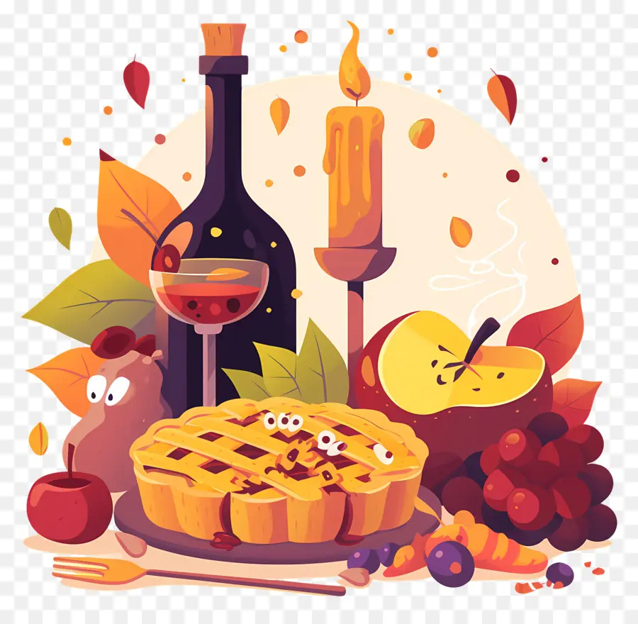 Comida De Acción De Gracias，Pastel De Otoño Y Vino PNG