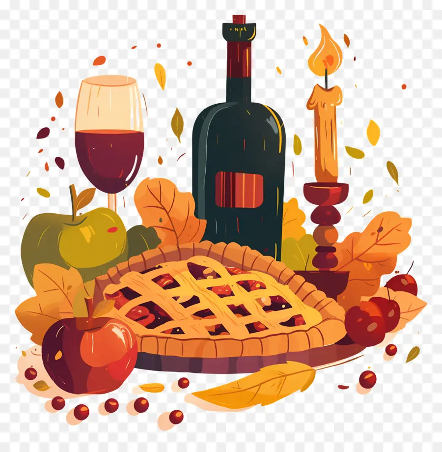 Comida De Acción De Gracias，Pastel Y Vino PNG