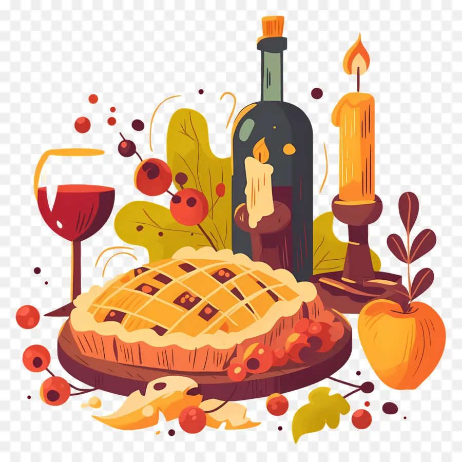 Comida De Acción De Gracias，Pastel Y Vino PNG