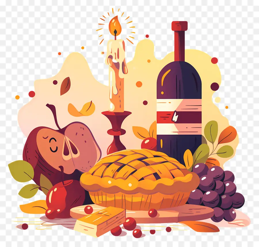 Comida De Acción De Gracias，Pastel Y Vino PNG