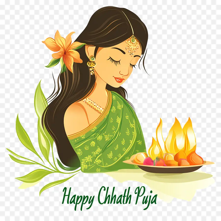 Feliz Chhath Puja，Mujer Con Diya Y Frutas PNG