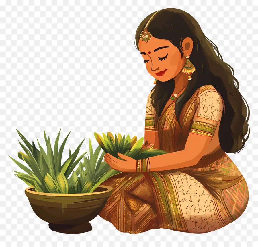 Feliz Chhath Puja，Mujer Con Ofrendas PNG