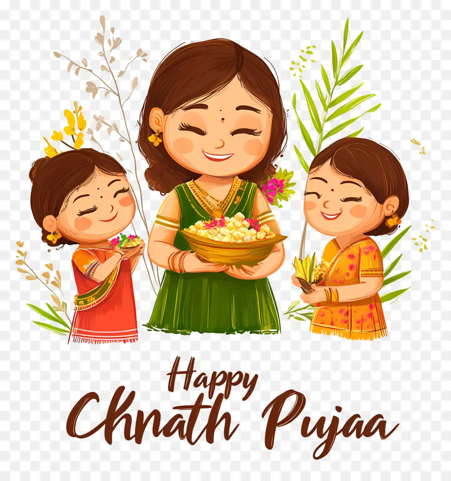 Feliz Chhath Puja，Familia Con Ofrendas PNG