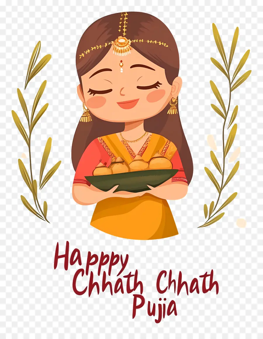 Feliz Chhath Puja，Mujer Sonriente Con Ofrendas PNG