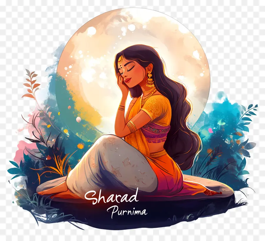 Sharad Purnima，Mujer Con Luna PNG