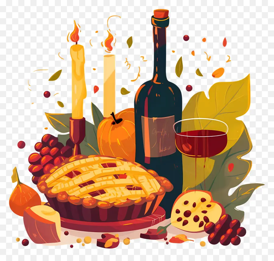 Comida De Acción De Gracias，Pastel De Otoño Y Vino PNG