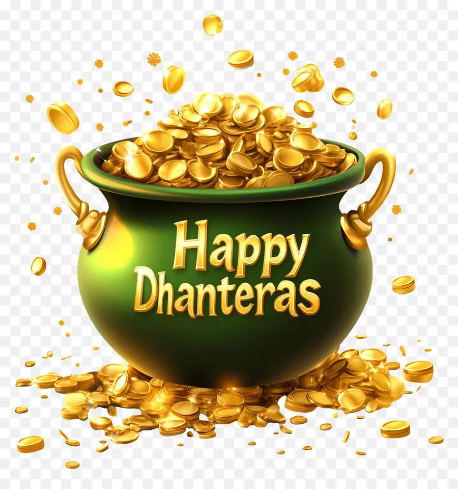 Felices Dhanteras，Olla Verde De Monedas De Oro PNG