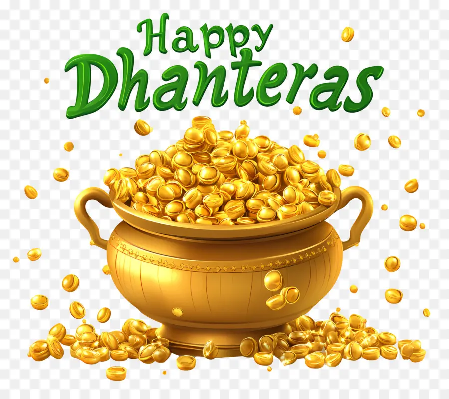 Felices Dhanteras，Olla Verde De Monedas De Oro PNG