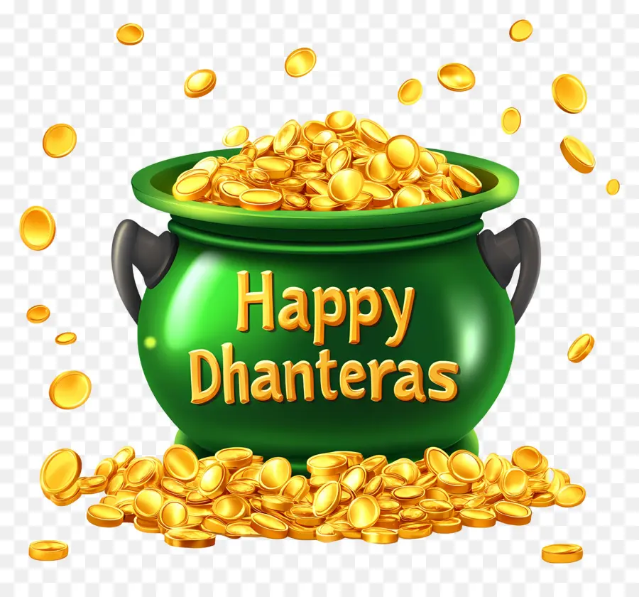 Felices Dhanteras，Olla Verde De Monedas De Oro PNG