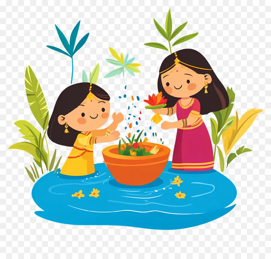 Feliz Chhath Puja，Dos Mujeres Con Agua Y Plantas PNG