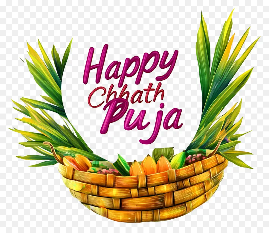 Feliz Chhath Puja，Cesta Con Frutas Y Hojas PNG