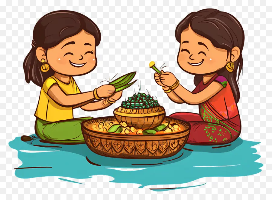 Feliz Chhath Puja，Dos Niñas Con Ofrendas PNG