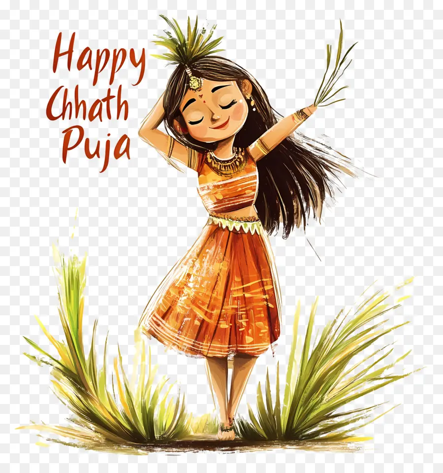 Feliz Chhath Puja，Mujer Bailando Con Plantas PNG