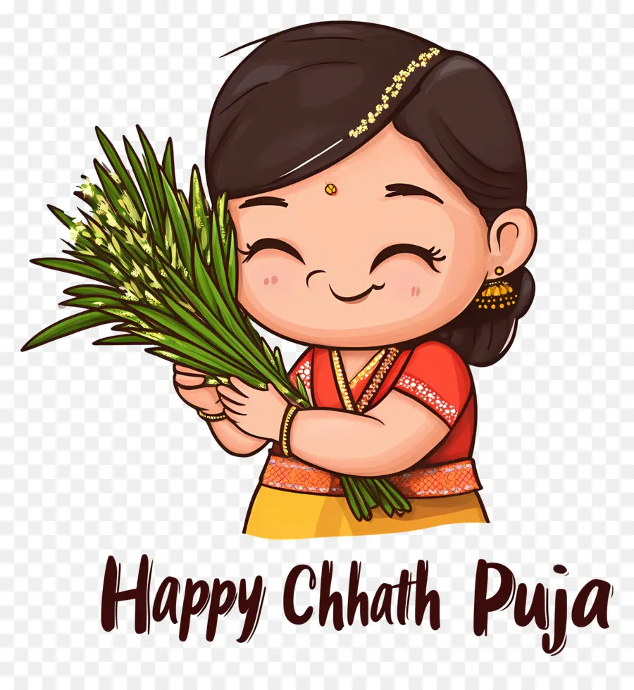 Feliz Chhath Puja，Niña Con Hojas PNG