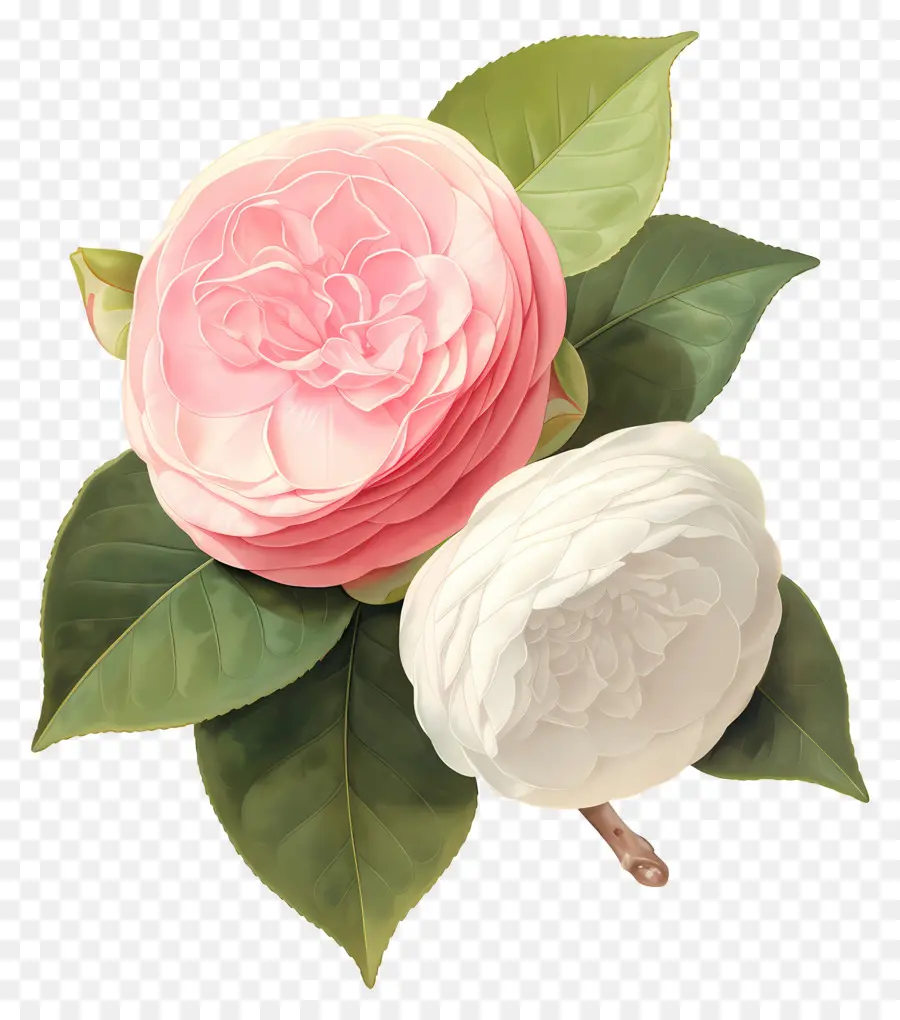 Camelias，Flores Rosadas Y Blancas PNG