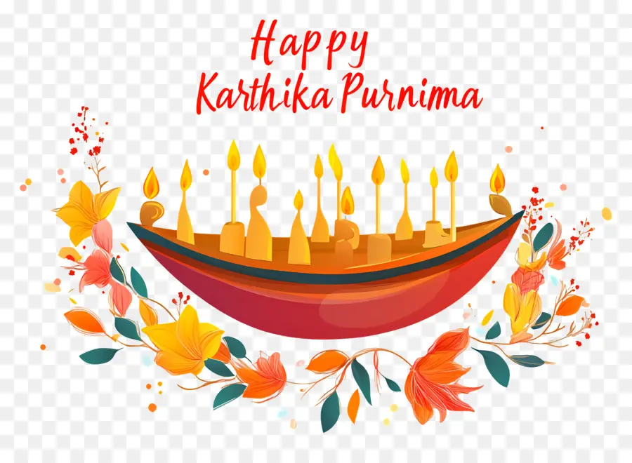 Feliz Karthika Purnima，Barco Floral Con Velas PNG