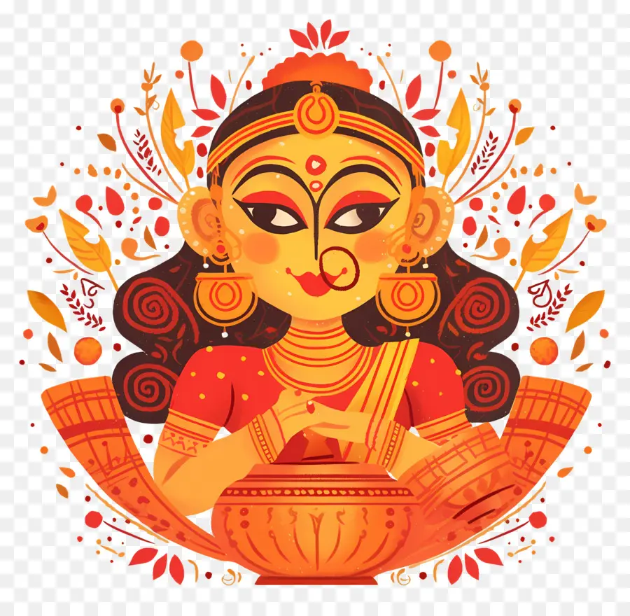 Dussehra，Diosa Naranja Con Olla PNG