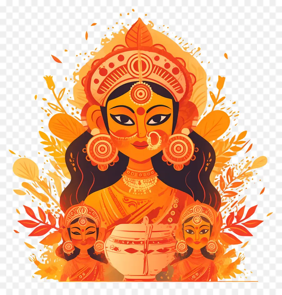 Dussehra，Diosa Naranja Con Dos Figuras PNG