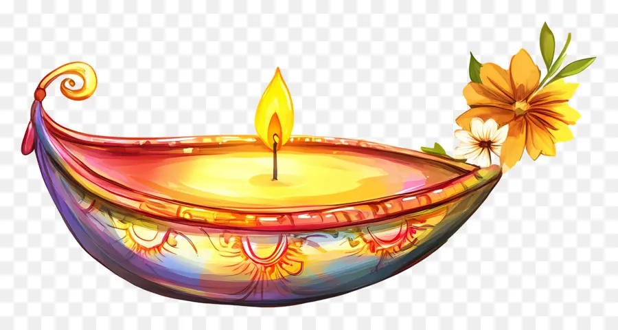 Feliz Karthika Purnima，Diya Colorida Con Flores PNG