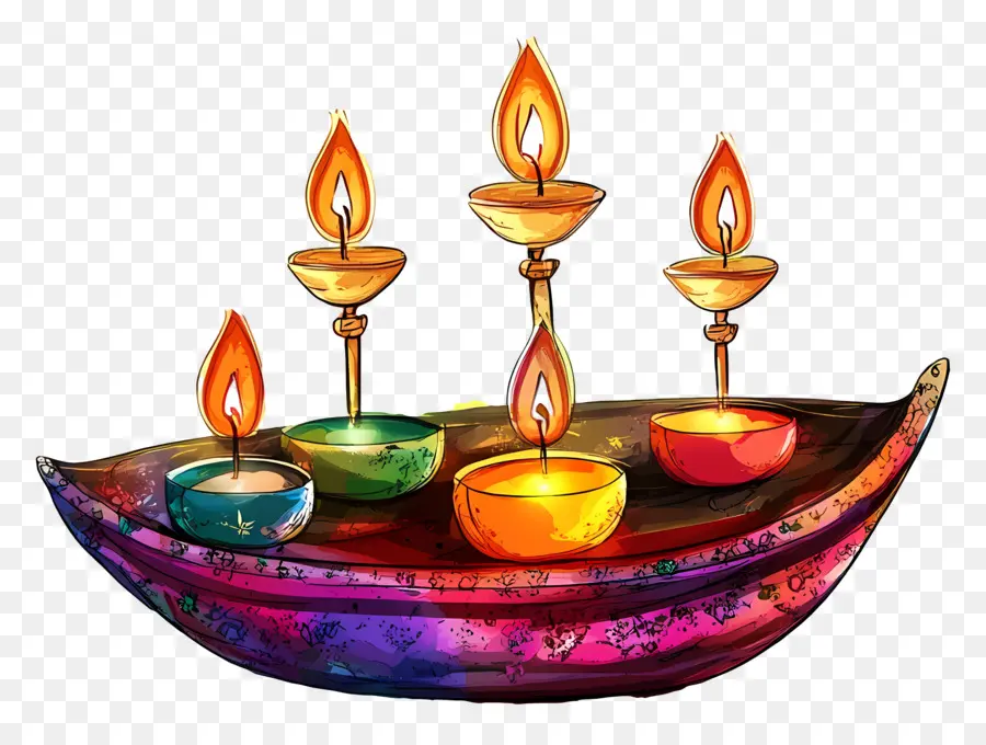 Feliz Karthika Purnima，Barco Artístico Con Diyas PNG