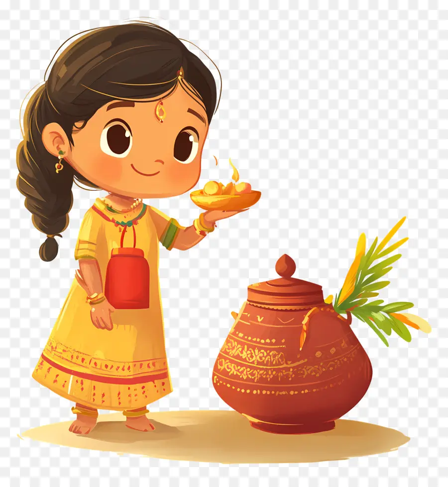 Pongal Feliz，Chica Con Lámpara Y Olla PNG