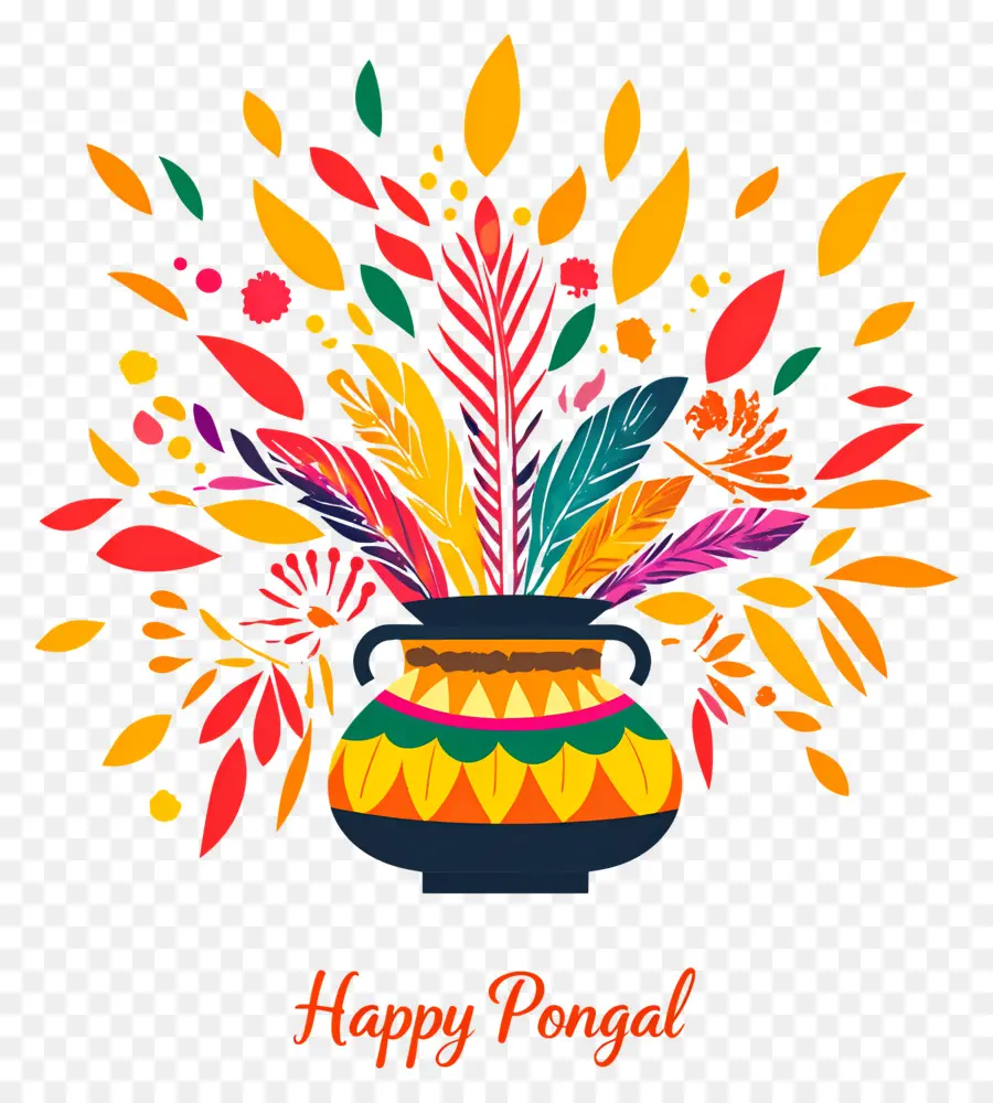 Pongal Feliz，Maceta Colorida Con Plumas PNG