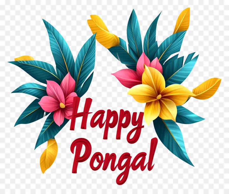 Pongal Feliz，Flores Y Hojas Coloridas PNG