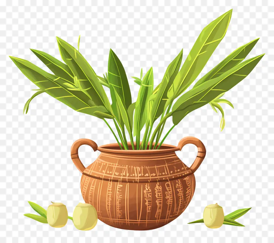 Pongal Feliz，Olla De Barro Con Hojas PNG