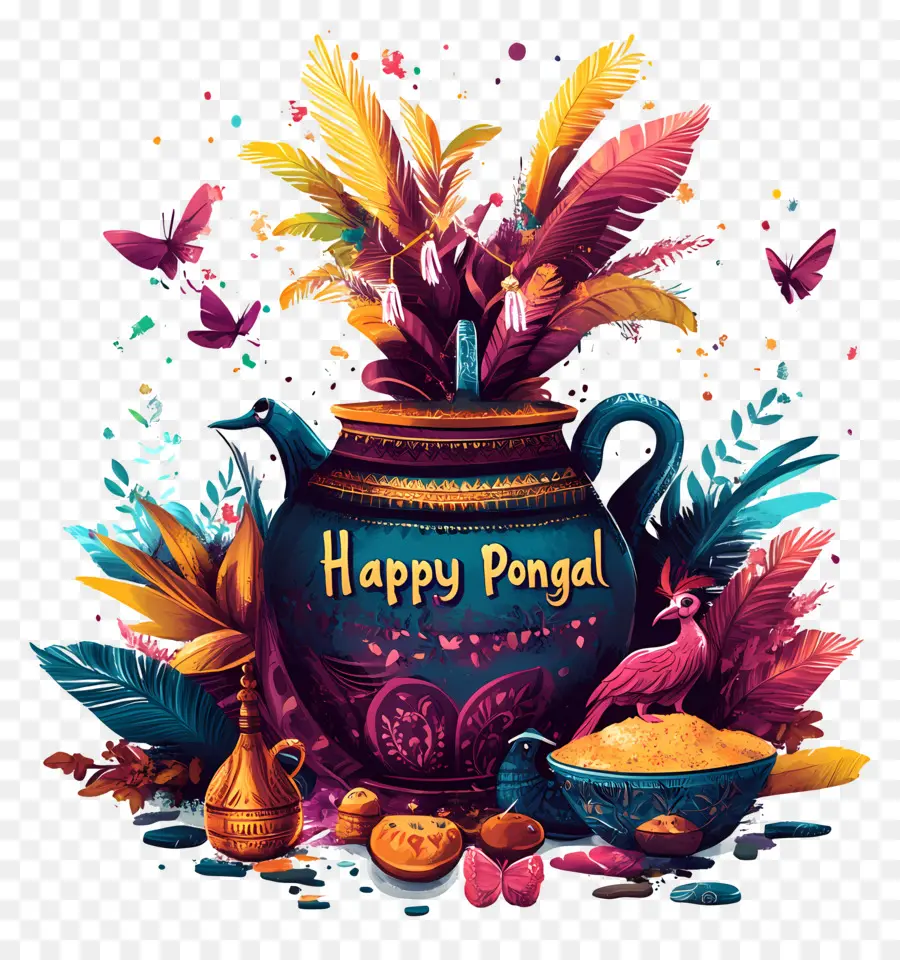 Pongal Feliz，Maceta Decorativa Con Plumas PNG