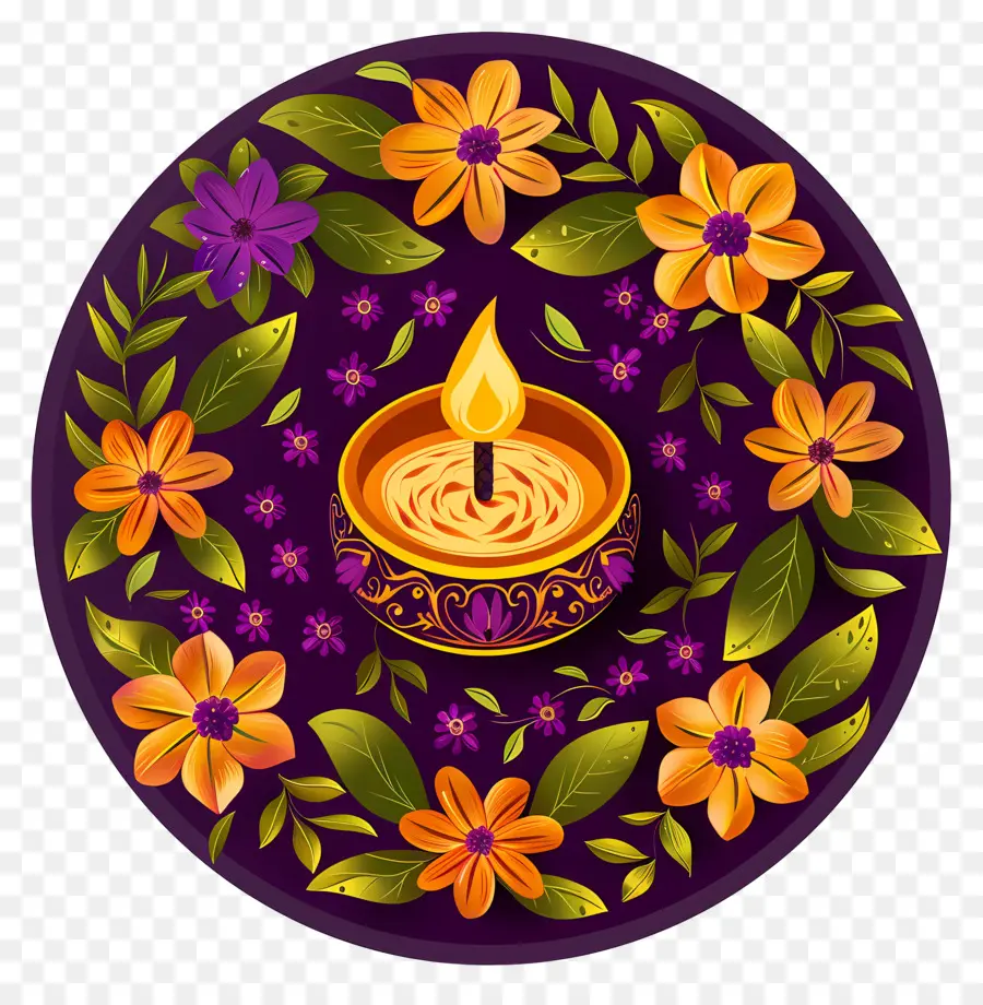 Flor Tradicional India，Diya Con Flores PNG