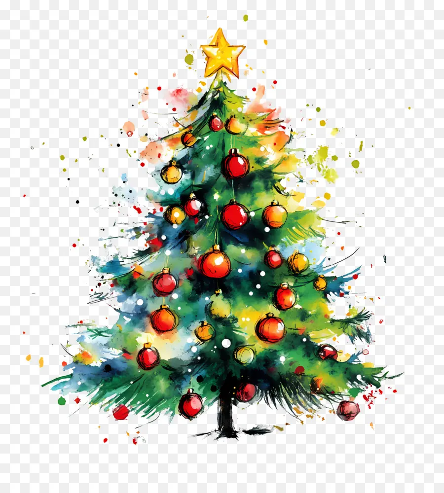 Acuarela Navideña，Árbol De Navidad Decorado Colorido PNG