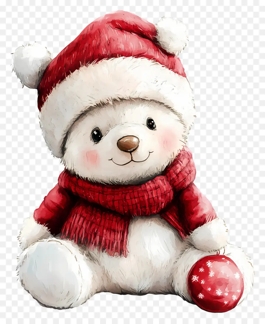 Acuarela Navideña，Oso Blanco Con Gorro De Papá Noel Y Bufanda PNG