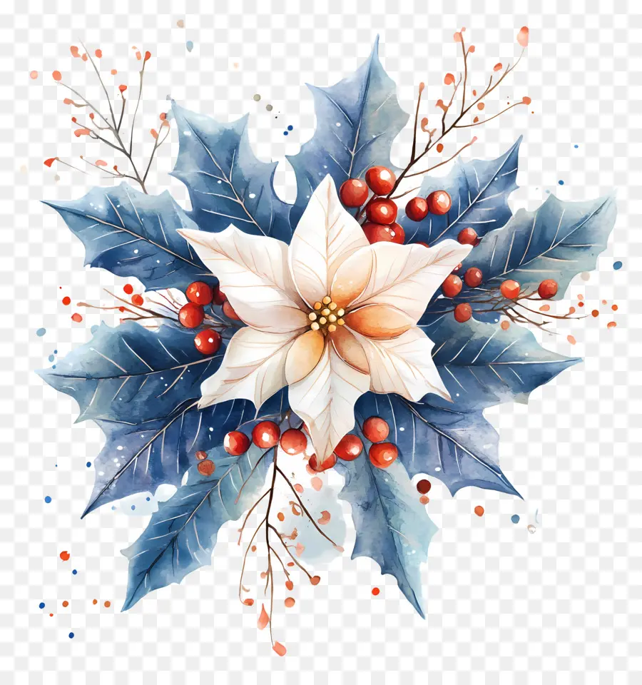 Acuarela Navideña，Flor De Pascua Y Acebo PNG