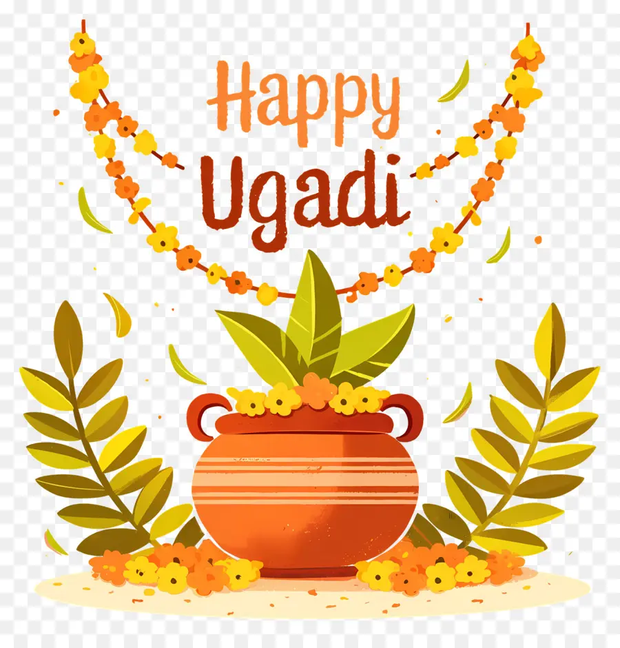 Feliz Ugadi，Maceta Decorativa Con Hojas PNG