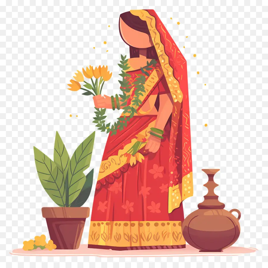 Mujer India，Mujer Tradicional Con Flores PNG