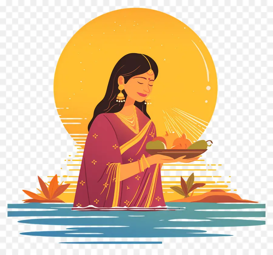 Puya Chhath，Mujer Con Plato De Frutas PNG