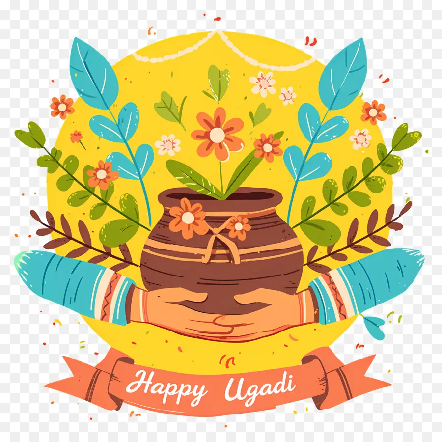 Feliz Ugadi，Maceta Decorativa Con Flores PNG