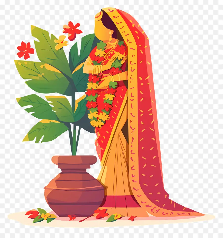 Mujer India，Mujer Tradicional Con Guirnalda PNG