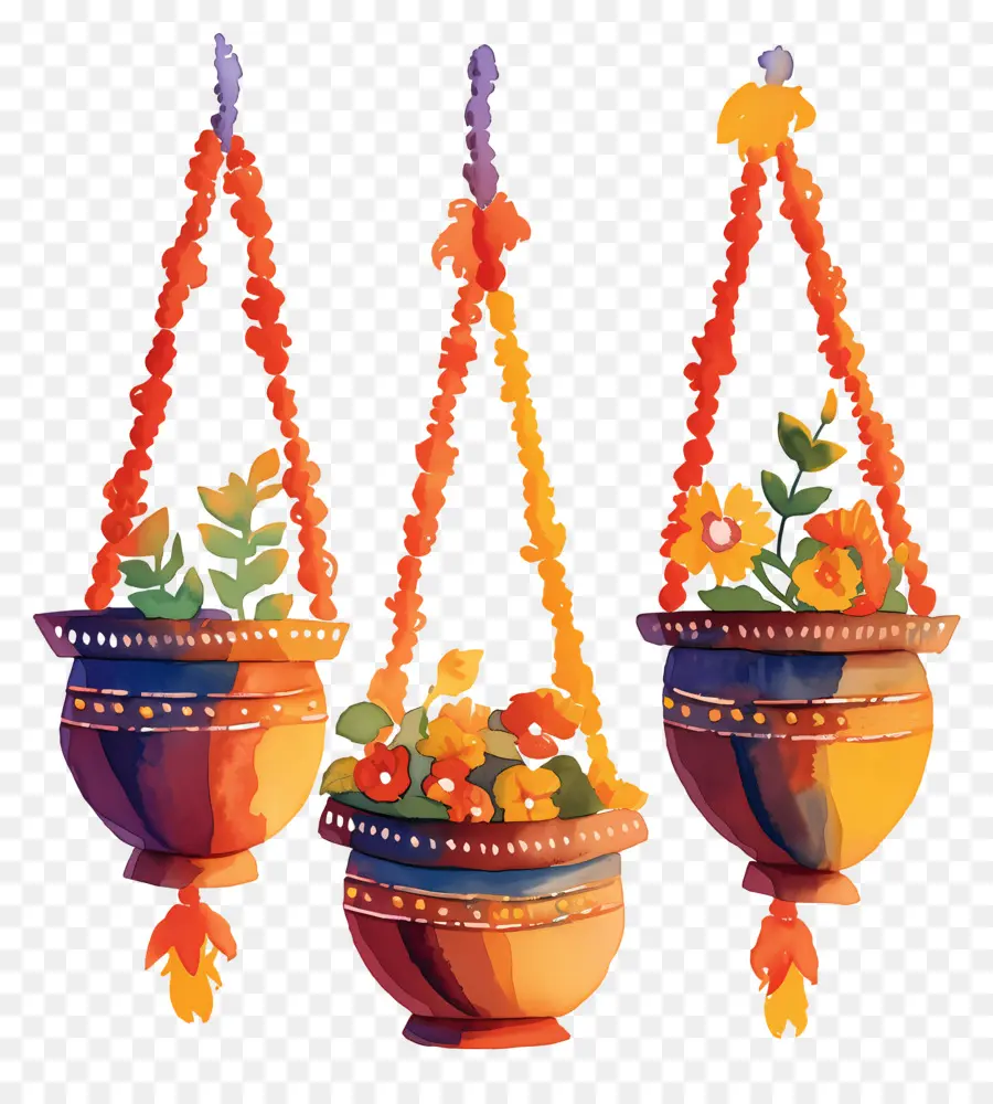 Dahi Handi，Coloridas Macetas Colgantes Con Flores PNG