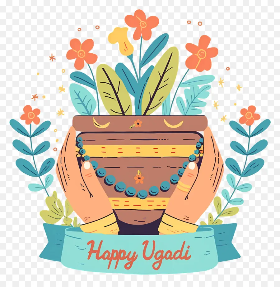 Feliz Ugadi，Maceta Decorativa Con Plantas PNG