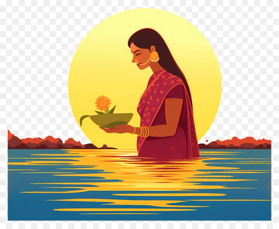 Puya Chhath，Mujer Con Ofrenda En Agua PNG